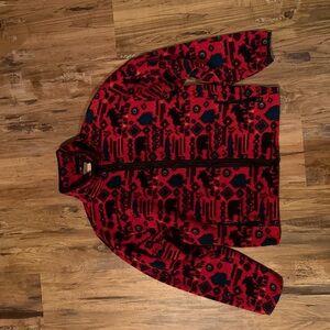 L.L. Bean Red and Black Patterned Fleece Jacket with Blue Accents